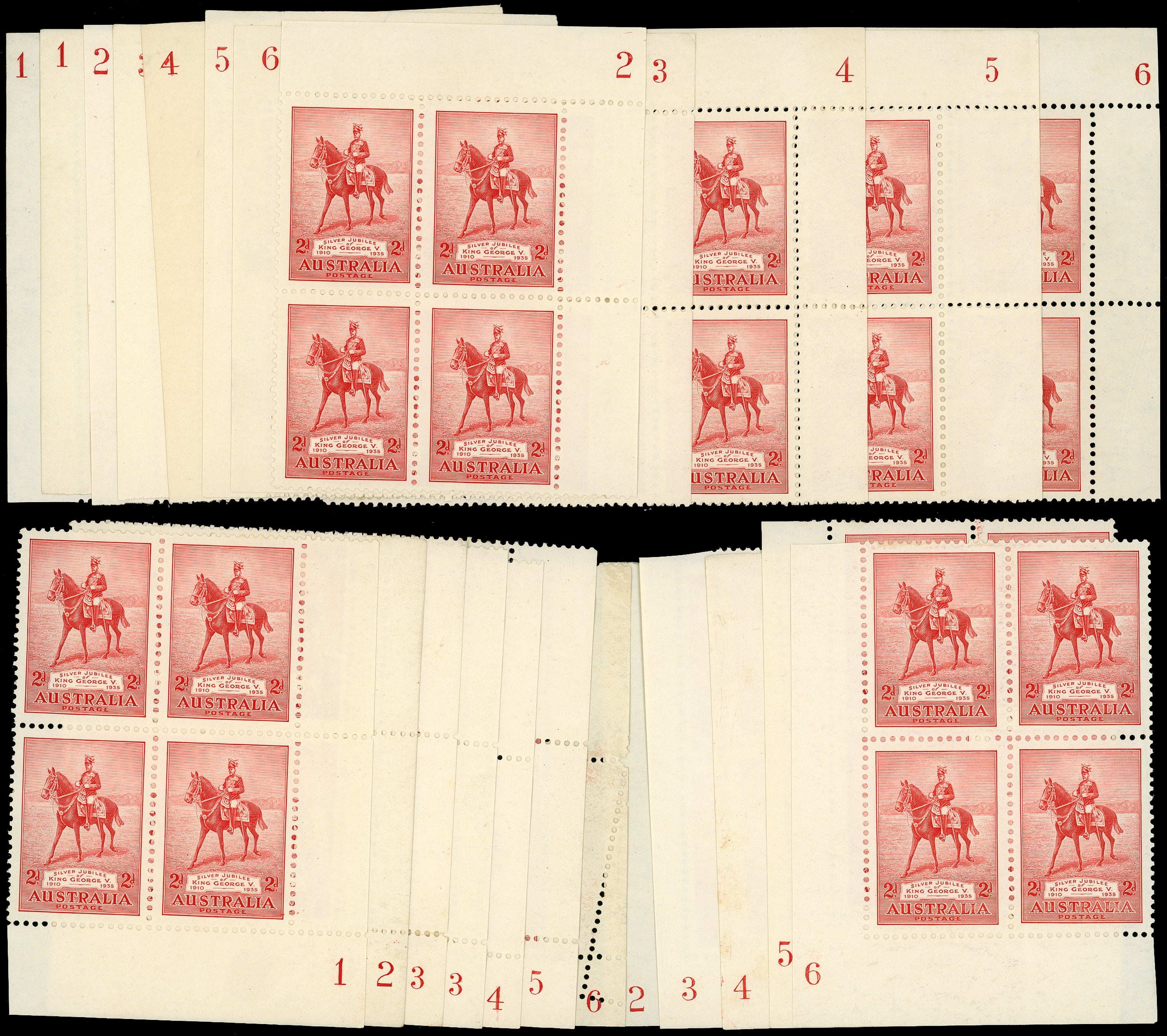 AUSTRALIA 1935  SG156/vars Mint Silver Jubilee 2d scarlet, range of 24 corner plate number blocks of four (22 different), lpog