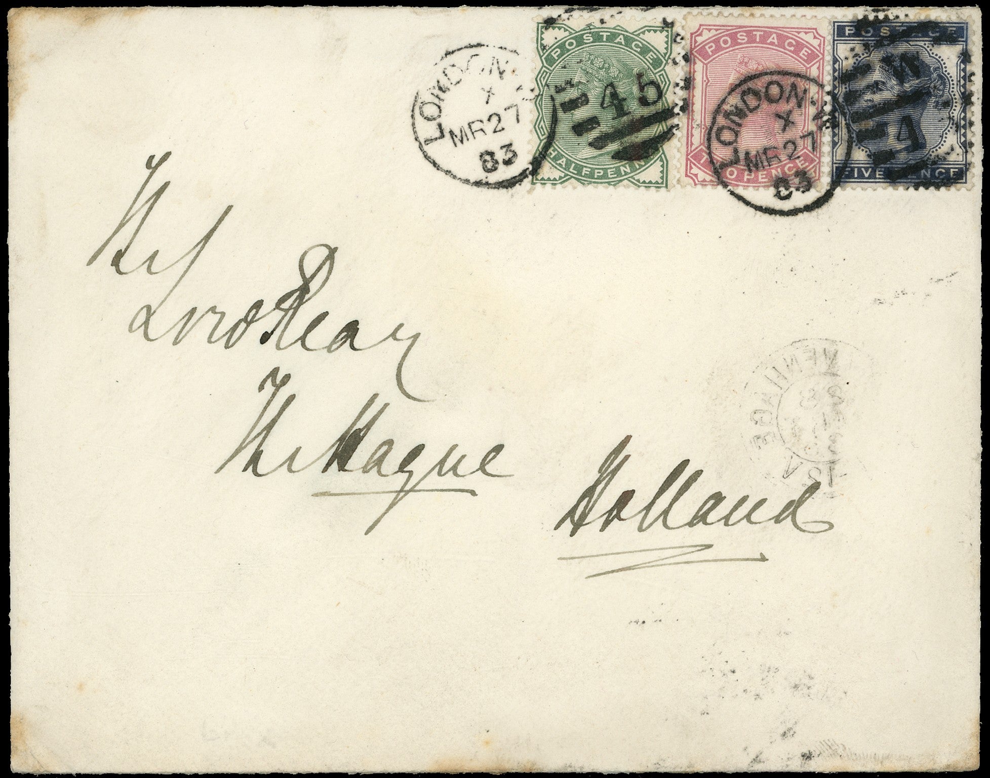 GB 1883  SG165, 168, 169 Cover - overseas mail to The Hague