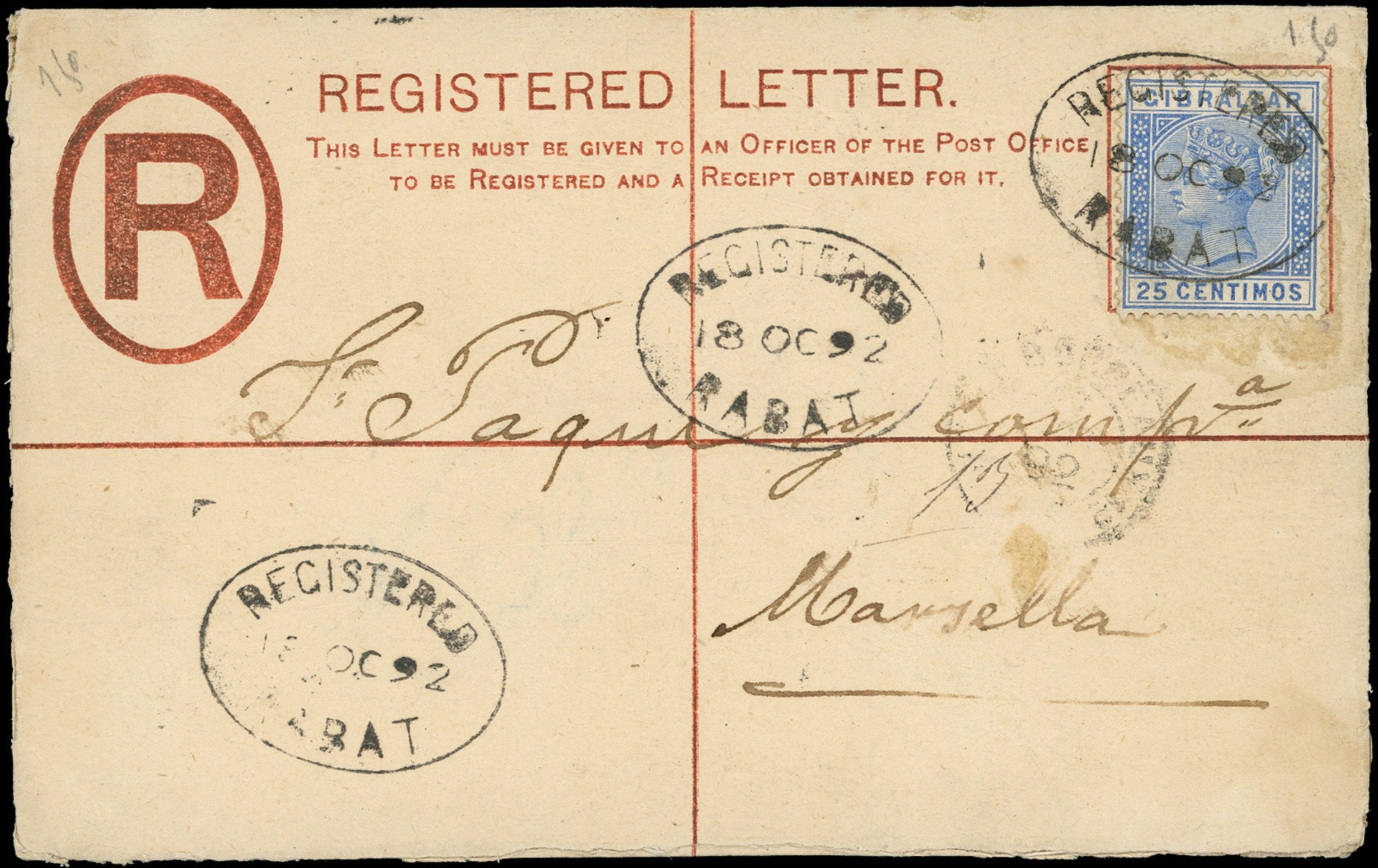 MOROCCO AGENCIES 1892  SGZ108 Cover Rabat to Marseilles usage of Gibraltar 20c orange registered P/S envelope, uprated by Gibraltar 1889-96 25c ultramarine, oval "REGISTERED / RABAT" ds