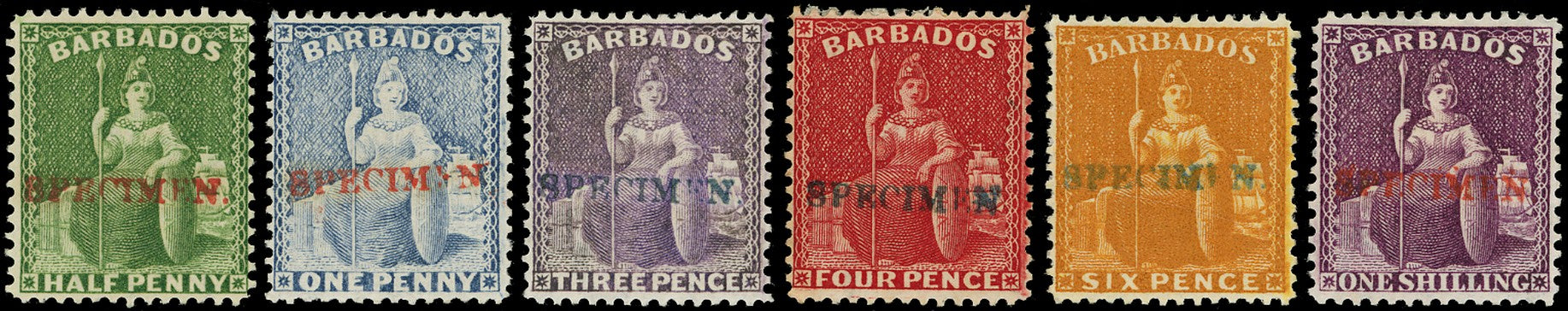 BARBADOS 1875  SG72s/81s Specimen QV halfd to 1s watermark CC perf 14 set with local type BAR1 handstamp