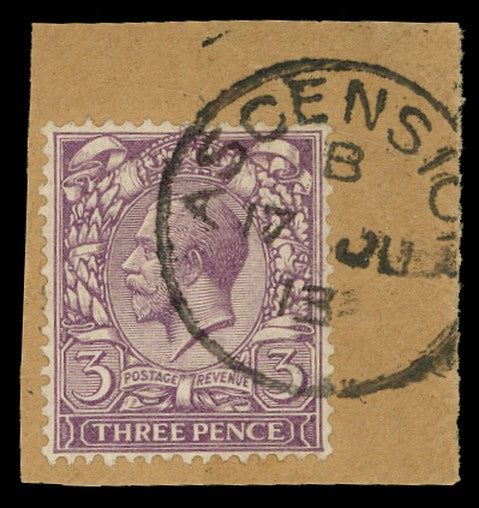 ASCENSION 1912  SGZ44 Cancel GB 3d violet, tied to piece
