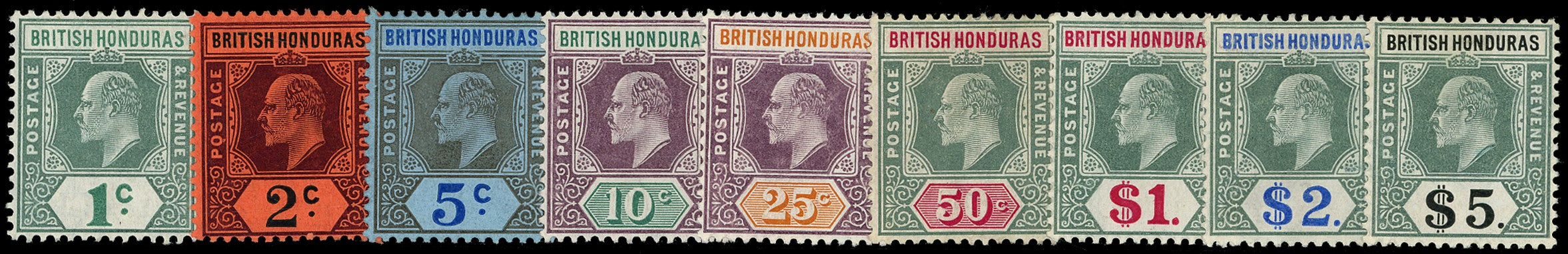 BRITISH HONDURAS 1904  SG84a/93 Mint KEVII set of 9 to $5 watermark multiple Crown CA