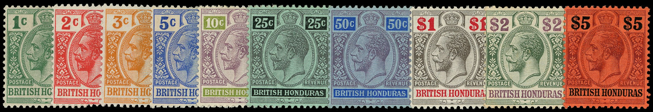 BRITISH HONDURAS 1913  SG101/10 Mint KGV set of 10 to $5 watermark multiple Crown CA