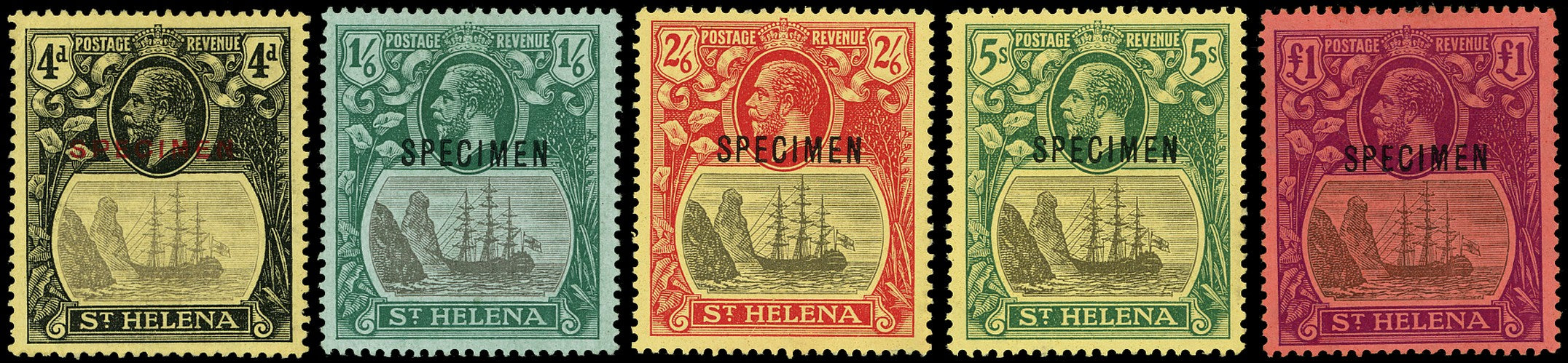 ST HELENA 1922  SG92s/96s Specimen Badge set of 5 to £1 watermark multiple Crown CA