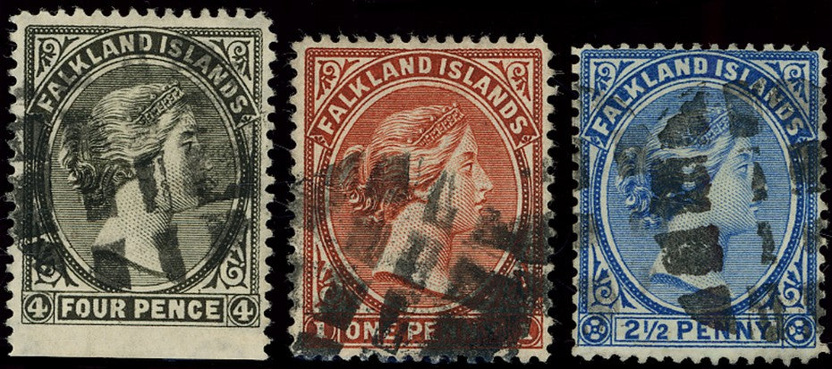 FALKLAND ISLANDS 1893  SG12, 19, 28 Cancel Little Football cork cancel on QV 1d, 2&frac12;d, 4d