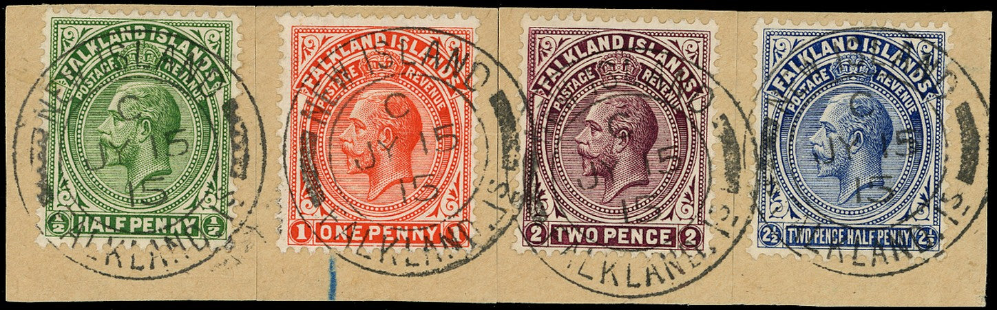 FALKLAND ISLANDS 1912  SG60/63 Cancel of New Island with KGV &frac12;d, 1d, 2d, 2&frac12;d