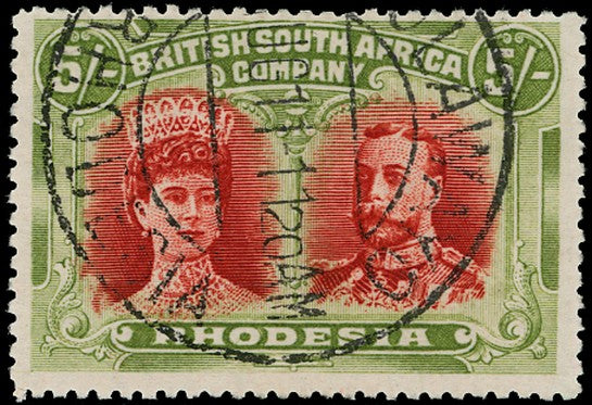 RHODESIA 1910  SG160a Used Double Heads 5s crimson and yellow-green