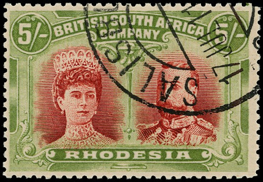 RHODESIA 1910  SG160 Used Double Heads 5s scarlet and pale yellow-green