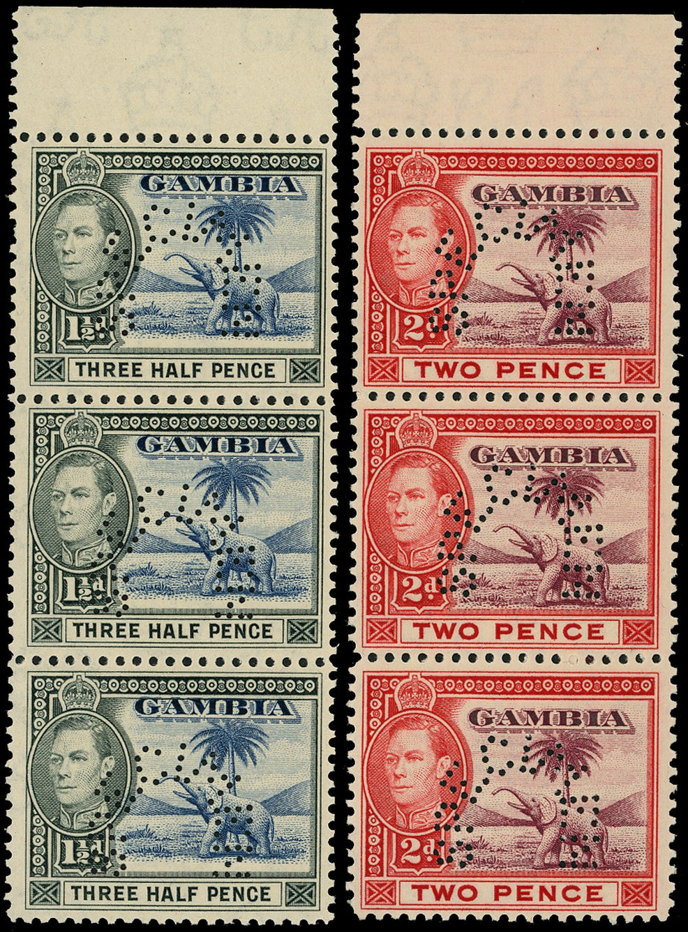 GAMBIA 1938  SG152cs, 153as Specimen KGVI 1halfd and 2d second colours unmounted mint