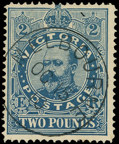VICTORIA (AUS) 1905  SG432 Used KEVII £2 deep blue watermark Crown over A perf 12half