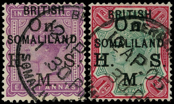 SOMALILAND PROTECT 1903  SGO4, O5 Official QV 8a dull mauve, 1r green and carmine used