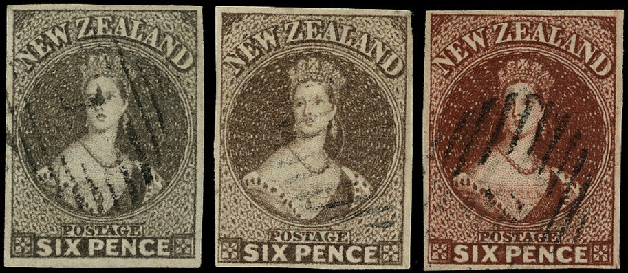 NEW ZEALAND 1862  SG41/43 Used QV 6d black-brown, brown and red-brown