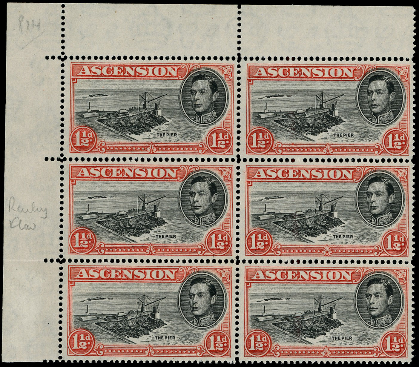 ASCENSION 1938  SG40cb Mint unmounted KGVI 1&frac12;d black and vermilion perf 14 variety Cut mast and railing