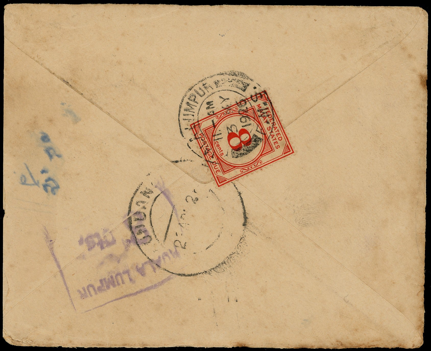 MALAYA - F.M.S. 1926  SGD4w Cover India 1a postal stationery envelope to Kuala Lumpur with 8c postage due