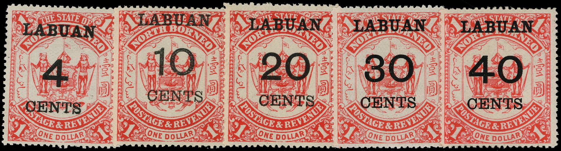 LABUAN 1895  SG75/79 Mint set of 5 type 14 surcharges on North Borneo $1 scarlet