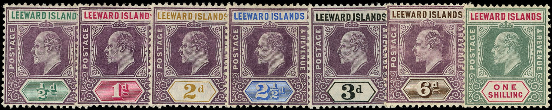 LEEWARD ISLANDS 1905  SG29a/35 Mint KEVII set of 7 to 1s watermark multiple Crown CA