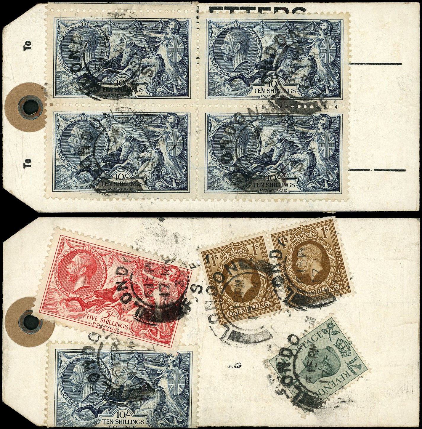 GB 1939  SG451, 452, 468, 475 Used - Parcel label 4d, 2x 1s, 5s & 5x 10s