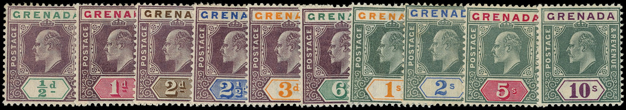 GRENADA 1904  SG67/76 Mint KEVII set of 10 to 10s watermark multiple Crown CA
