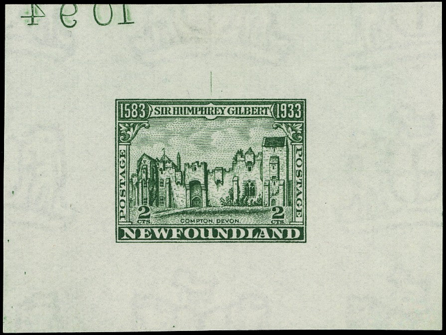 NEWFOUNDLAND 1933  SG237 Proof of Gilbert 2c green with Coat of Arms watermark