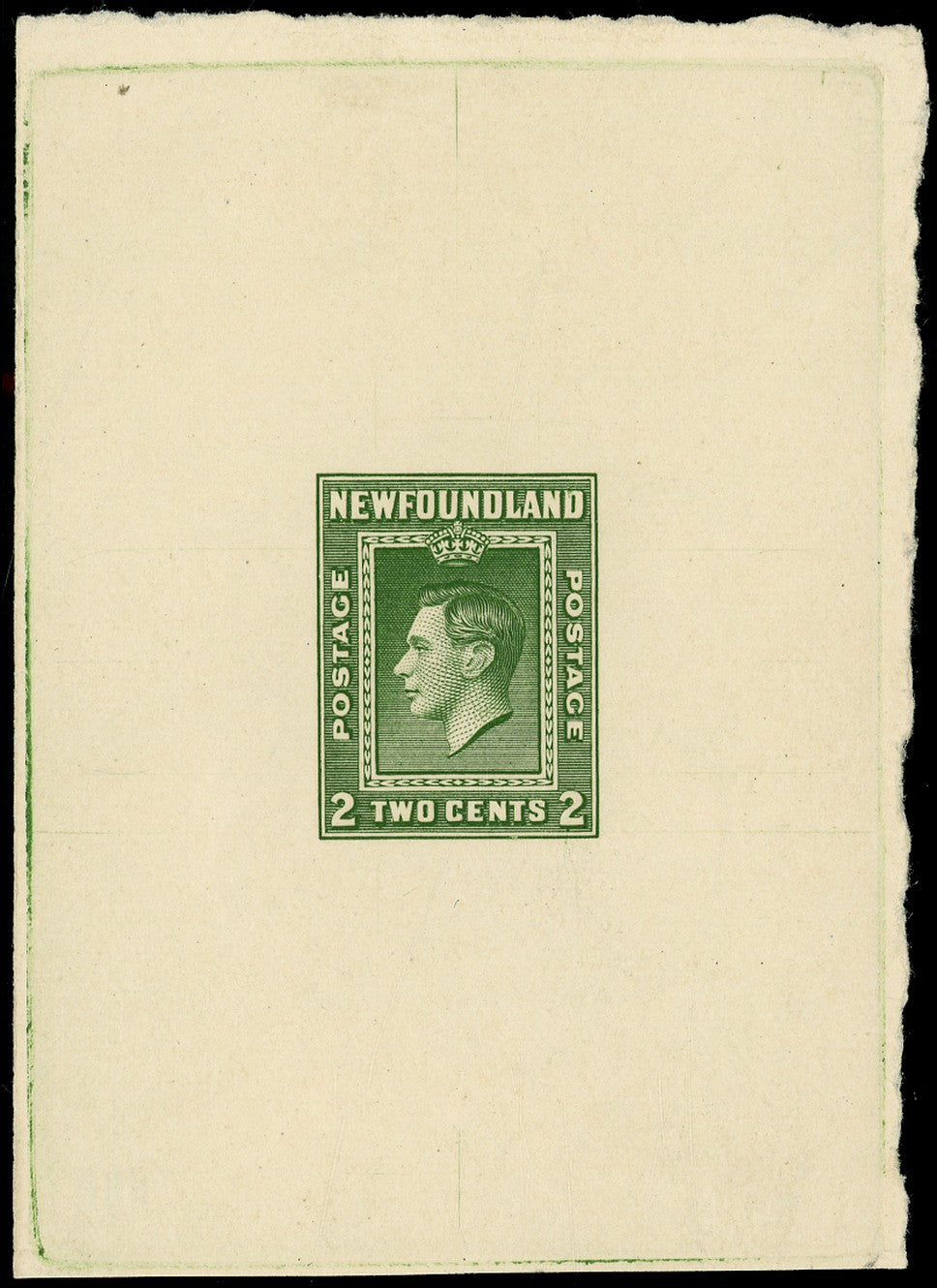NEWFOUNDLAND 1938  SG268 Proof of Royal Family 2c green KGVI on unwatermarked wove