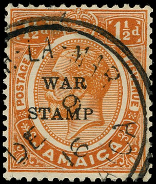 JAMAICA 1916  SG71aa Used War Stamp 1&frac12;d orange variety Watermark sideways