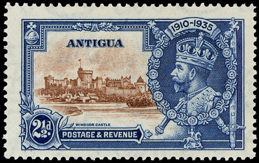ANTIGUA 1935  SG93g Mint Silver Jubilee 2halfd brown and deep blue variety Dot to left of chapel