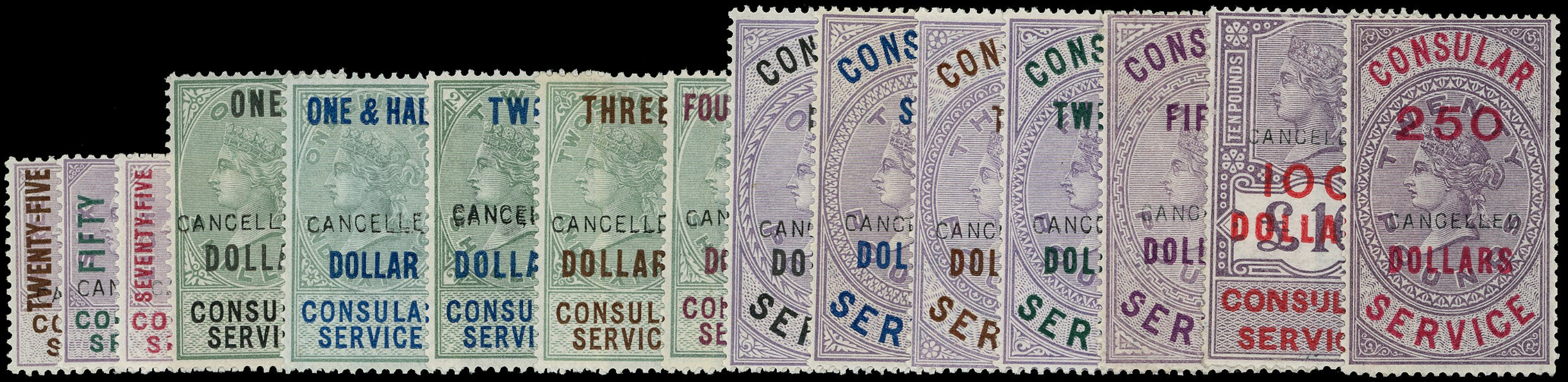 GB 1887 Revenue Consular Service: 1887-97 25c on 3d to $250 on £20 set of 15 CANCELLED type 14