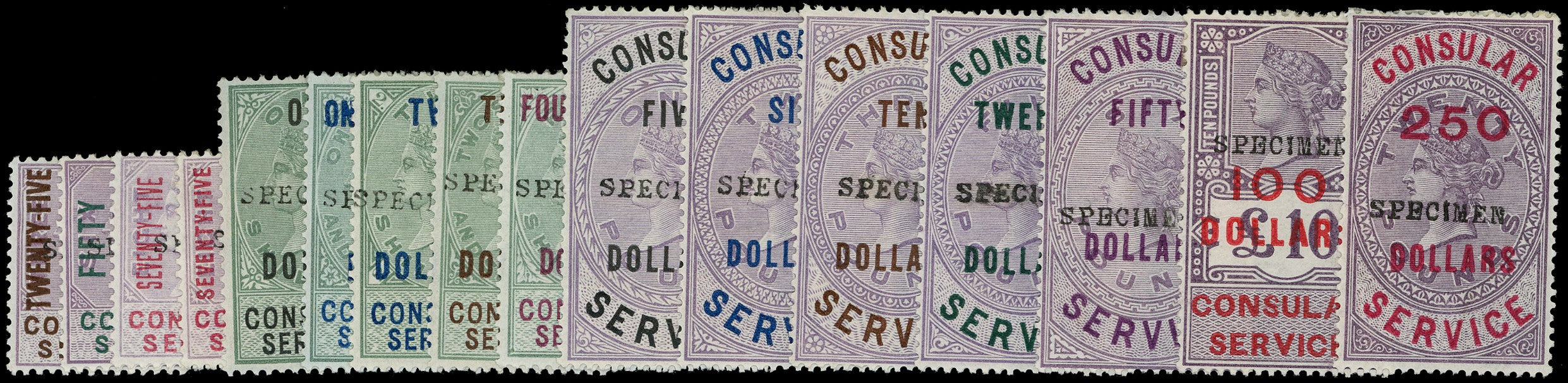 GB 1887 Revenue Consular Service: 1887-97 25c on 3d to $250 on £20 set of 16 SPECIMEN type 9
