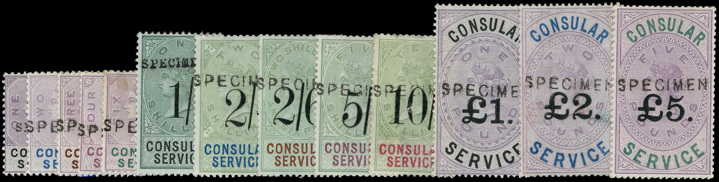 GB 1886 Revenue Consular Service: 1886 SURCHARGE ESSAYS in black, set of 14 Specimen type 11