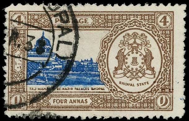 I.F.S. BHOPAL 1936  SGO339b Official 4a blue and brown, error opt OMITTED, used