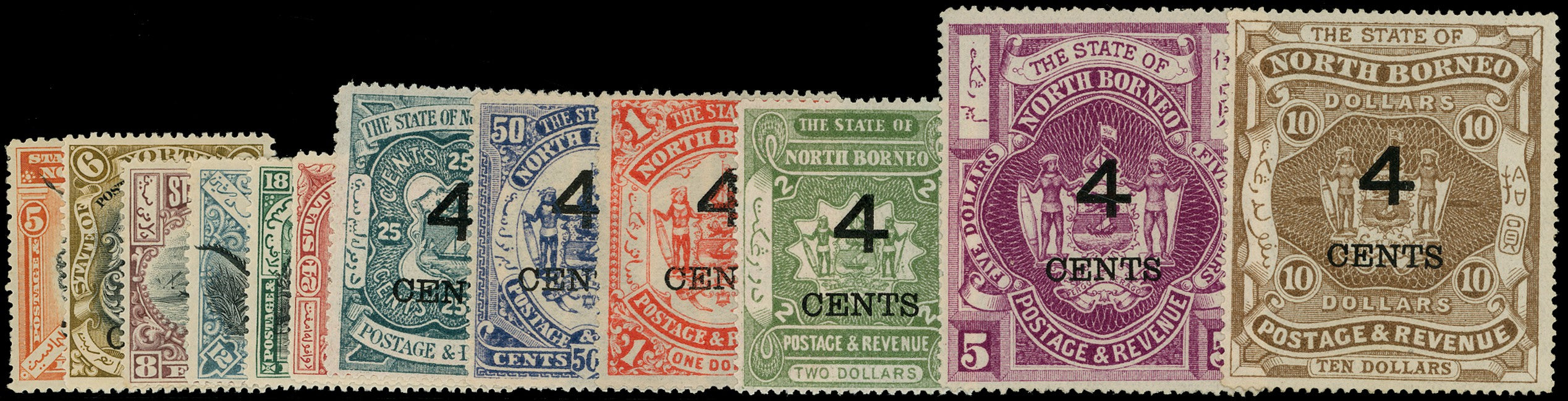 NORTH BORNEO 1899  SG112/24 Mint 4 CENTS surcharge set of 12 to $10