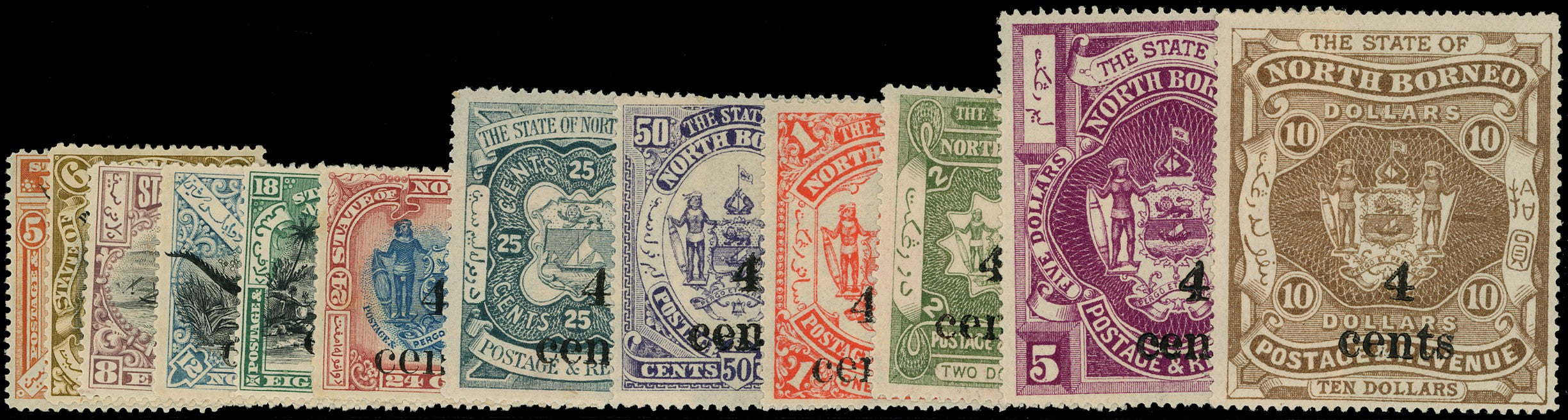 NORTH BORNEO 1904  SG146/57 Mint 4 cents local surcharge set of 12 to $10
