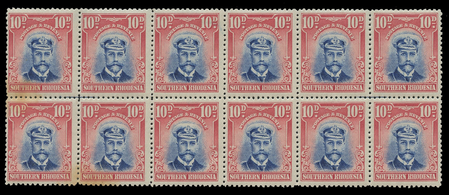 SOUTHERN RHODESIA 1924  SG9 Mint Admiral 10d block with printer's marks