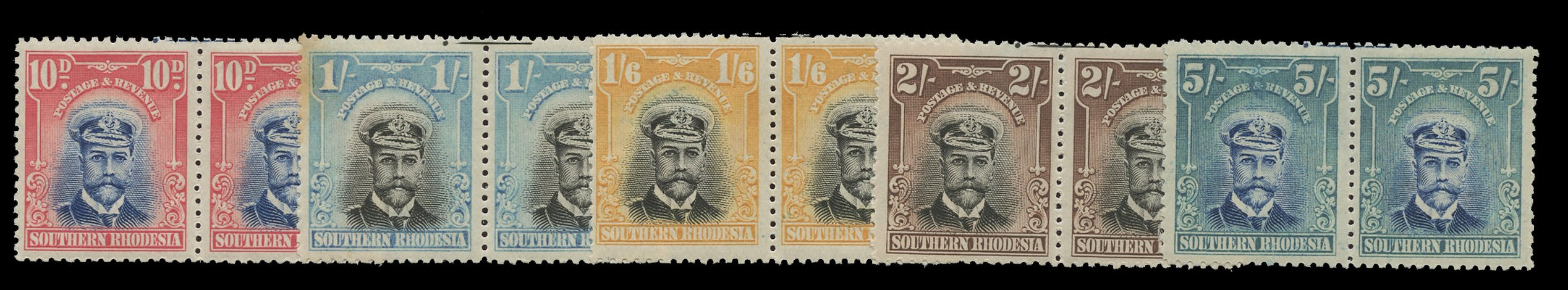 SOUTHERN RHODESIA 1924  SG9/12, 14 Mint Admiral 10d, 1s, 1s6d, 2s, 5s with printer's mark