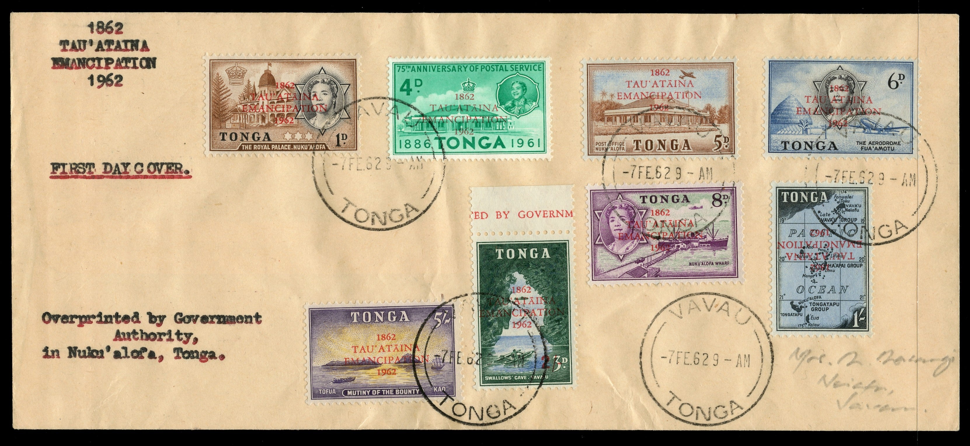 TONGA 1962  SG125a Cover Emancipation set of 8 on first day cover the 1s error Overprint inverted