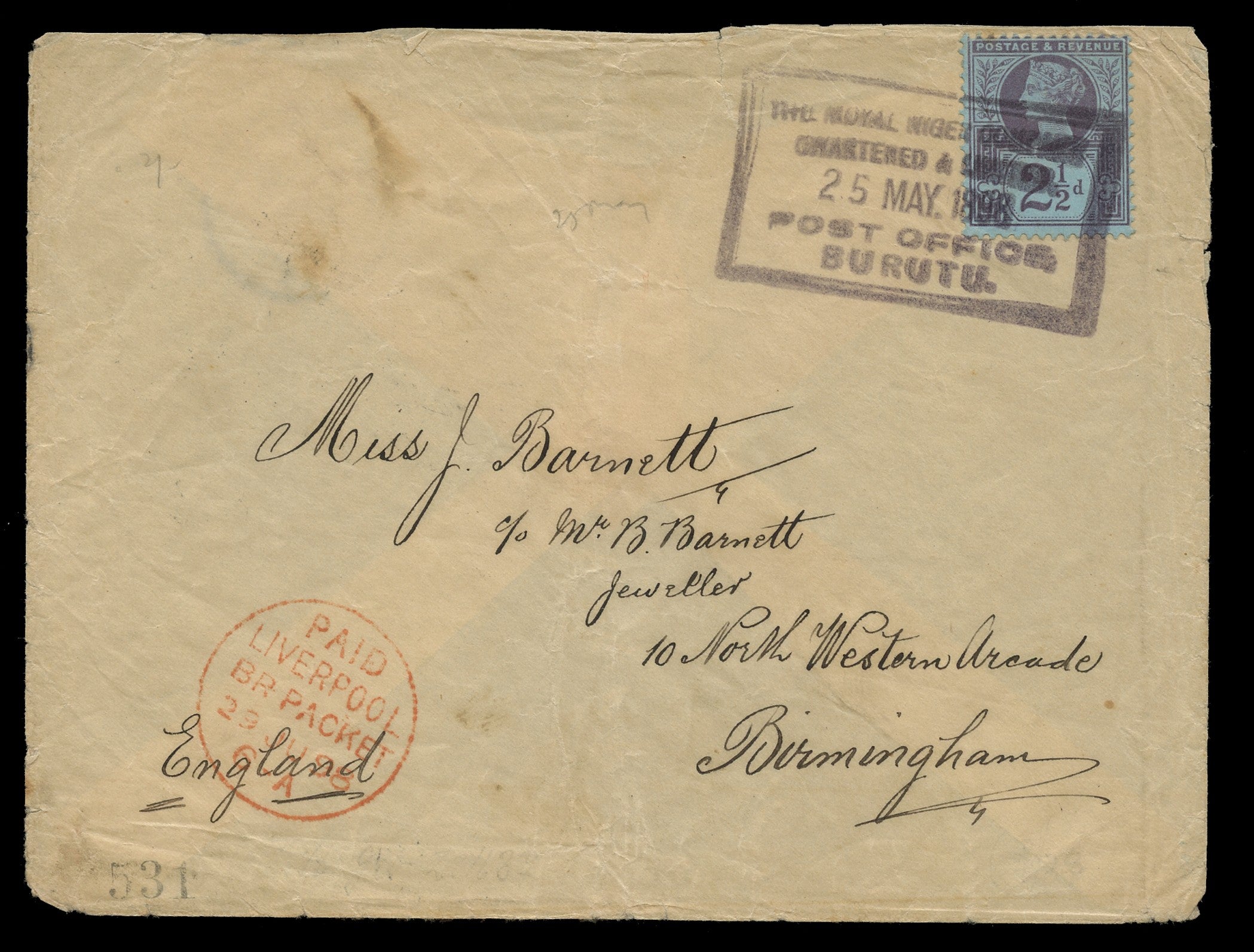 NIGER COMP. TERRS 1898  SGZ47 Cover from Burutu to Birmingham franked GB 2&frac12;d