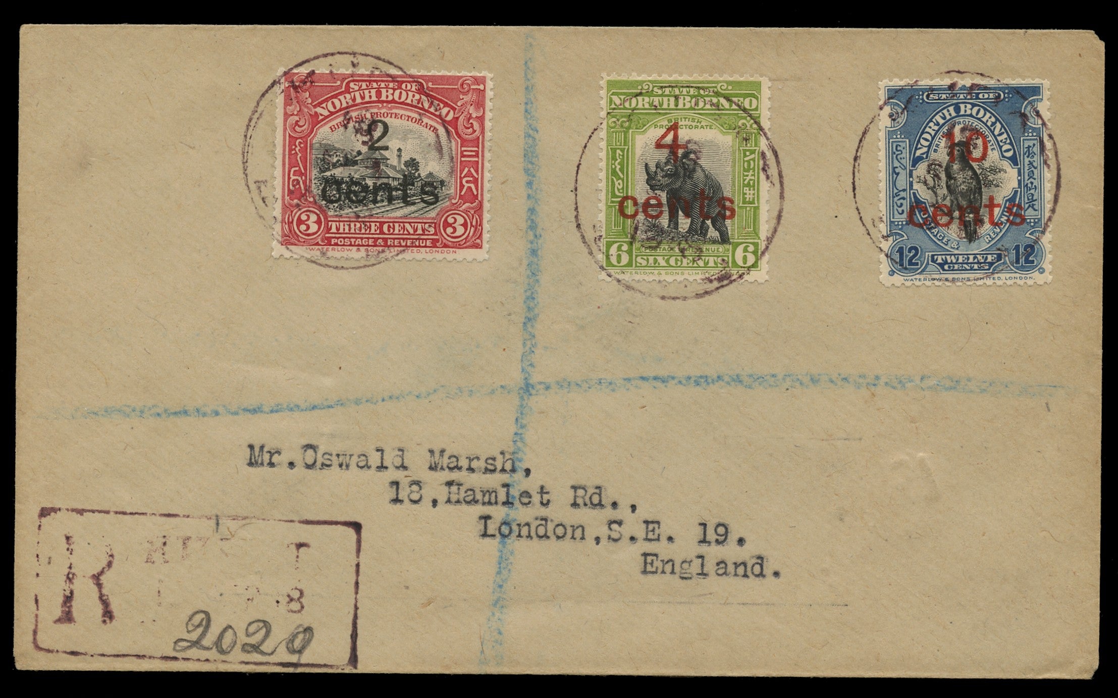 NORTH BORNEO 1918  SG186/88 Cover registered from Kudat to London