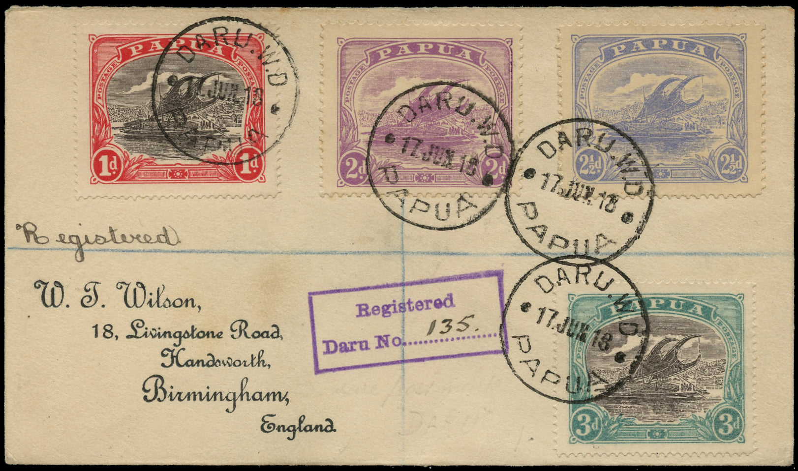 PAPUA 1918  SG86, 87, 94, 98 Cover registered from Daru to Birmingham