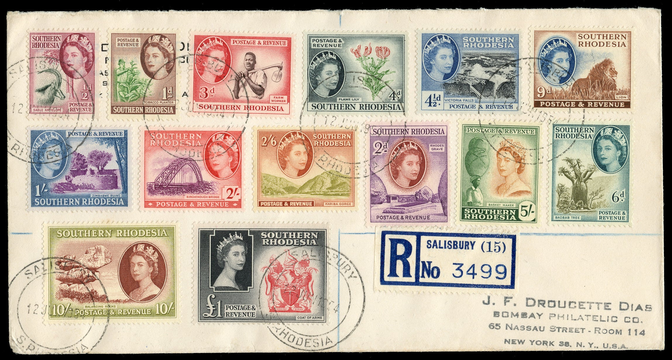 SOUTHERN RHODESIA 1953  SG78/91 Cover registered from Salisbury to New York with QEII set of 14 to £1