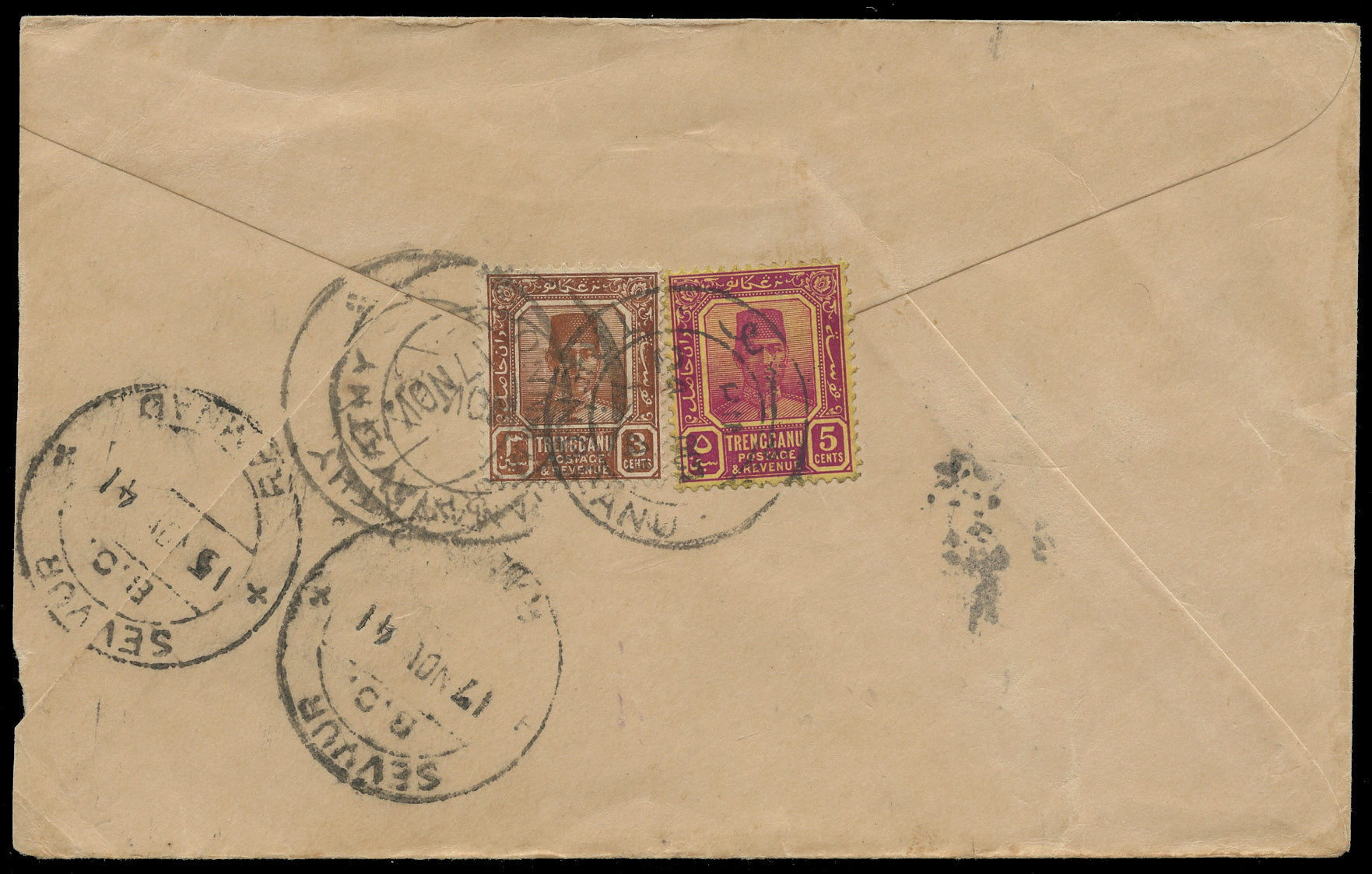 MALAYA - TRENGGANU 1941  SG29a, 32a Cover censored to India franked by ordinary paper 3c and 5c
