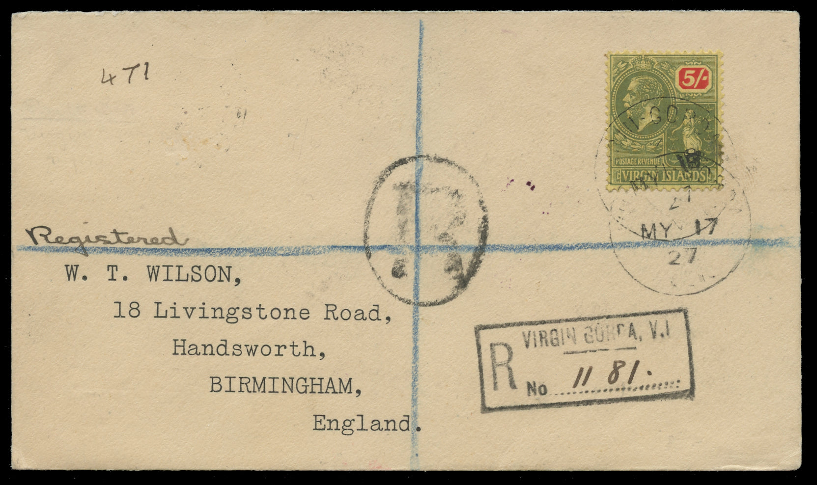 VIRGIN ISLANDS 1927  SG101 Cover from Virgin Gorda with Script watermark 5s