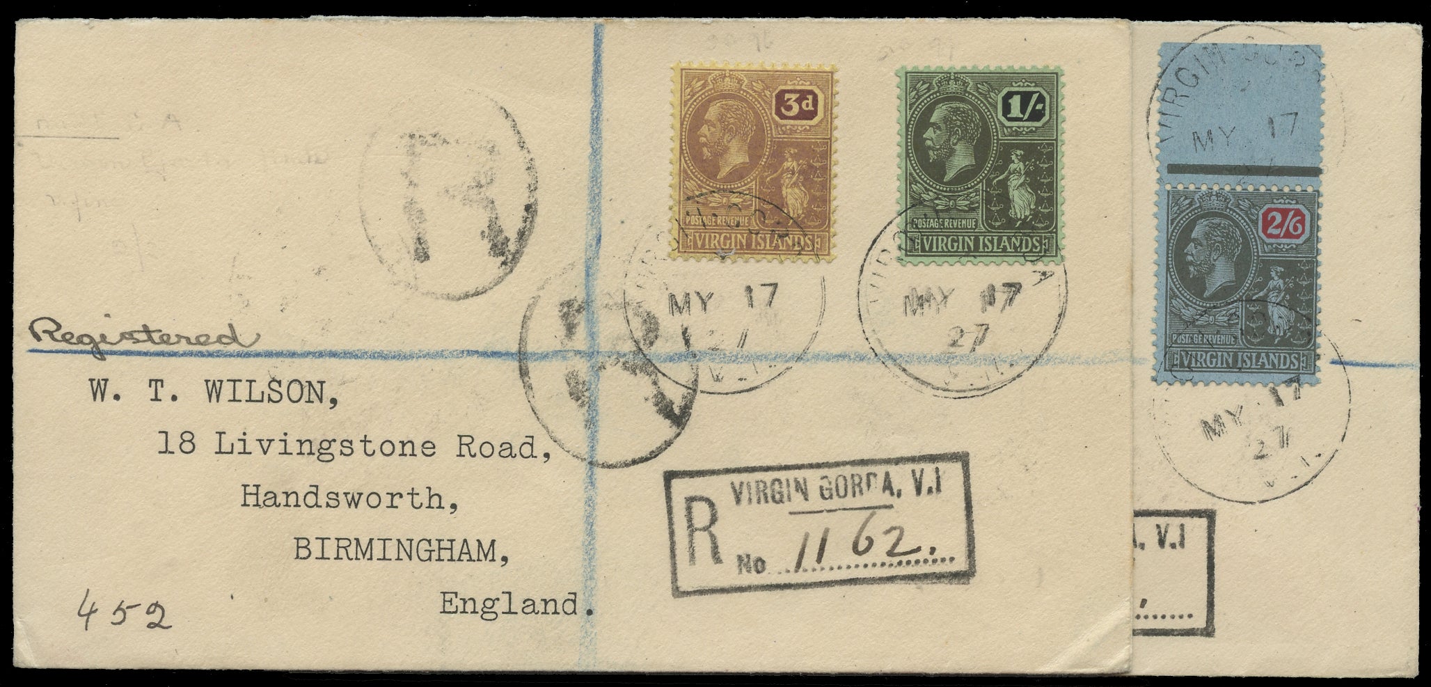 VIRGIN ISLANDS 1927  SG82/84 Cover x2 from Virgin Gorda with 3d, 1s, 2s6d watermark multiple Crown CA