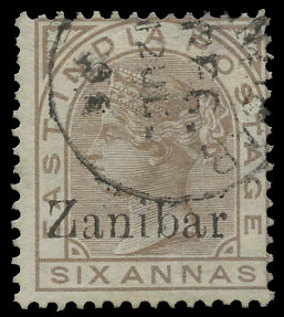 ZANZIBAR 1895  SG13k Used 6a pale brown overprint on India error Zanibar
