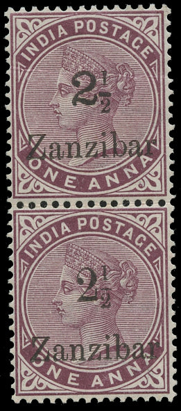 ZANZIBAR 1895  SG23/24 Mint 2&frac12; on 1a plum overprint on India surcharge types 4 and 3 se-tenant