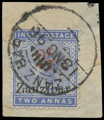 ZANZIBAR 1896  SG26k Used 2&frac12; on 2a pale blue type 6 surcharge variety Roman 1 in fraction &frac12;