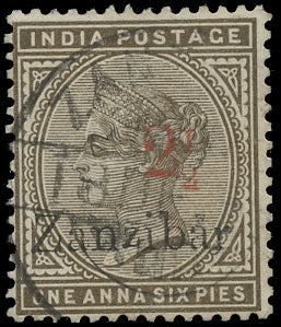ZANZIBAR 1896  SG29j Used 2&frac12; on 1a6p sepia type 6 surcharge variety Inverted 1 in fraction &frac12;