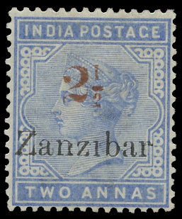 ZANZIBAR 1896  SG40G Mint 2&frac12; on 2a pale blue type 5 surcharge in red for official purposes variety No dot over i
