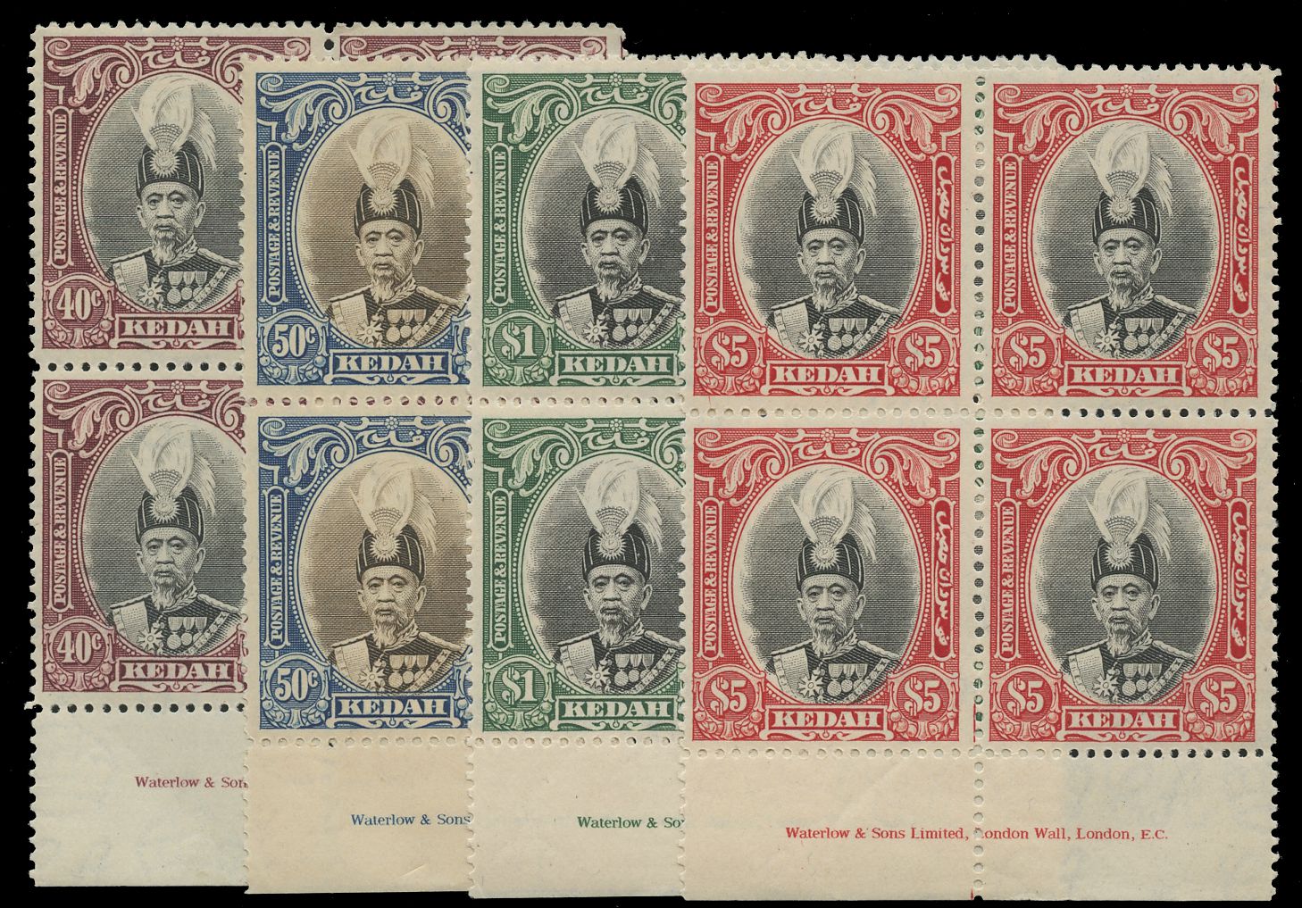 MALAYA - KEDAH 1937  SG64/66, 68 Mint 40c, 50c, $1, $5 imprint blocks