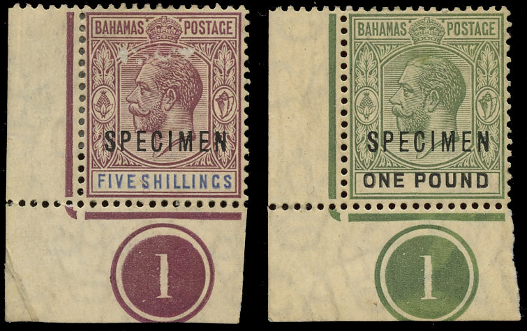 BAHAMAS 1912  SG88s, 89as Specimen KGV 5s, £1 watermark multiple Crown CA