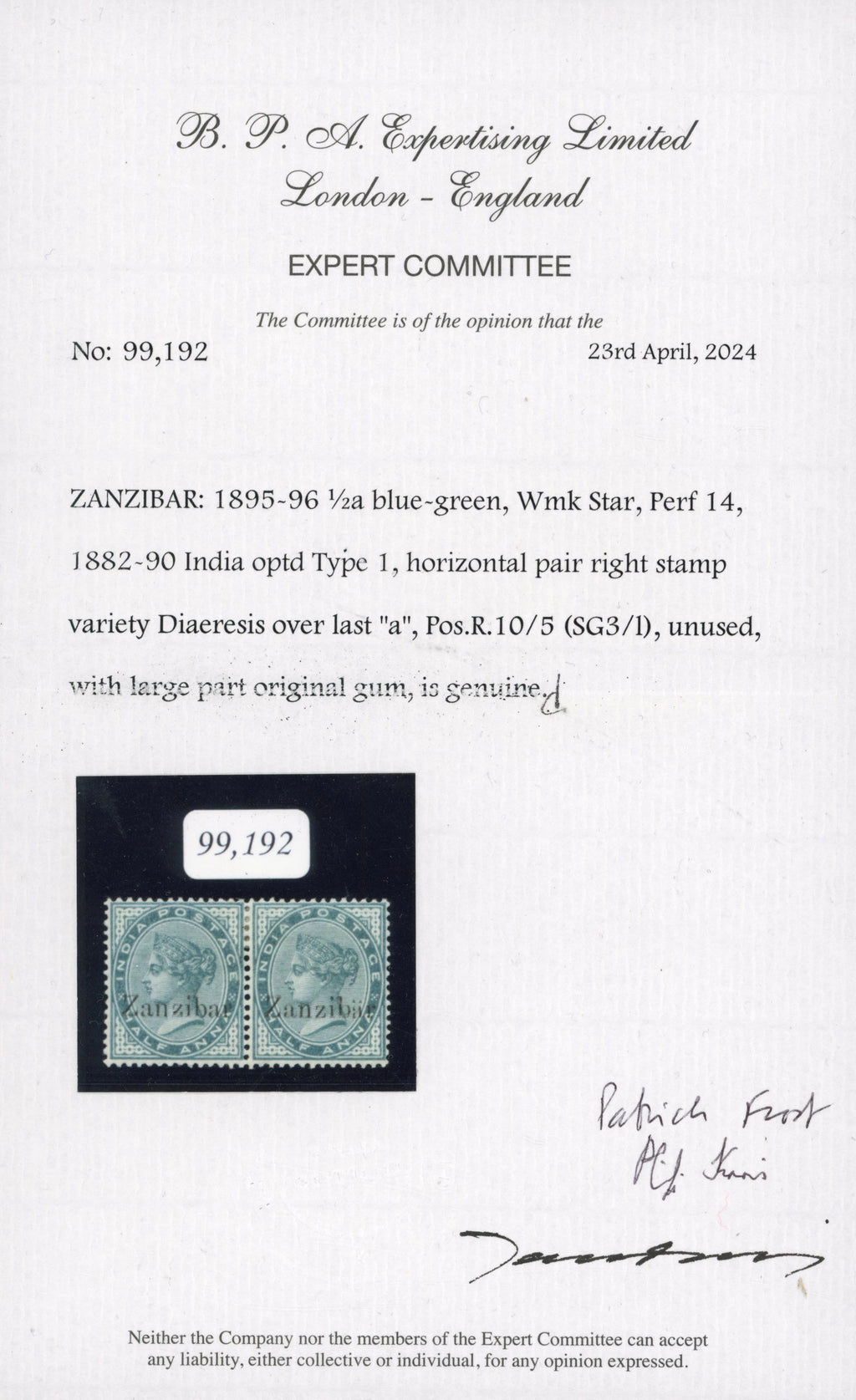 ZANZIBAR 1895  SG3l Mint &frac12;a blue-green variety Diaeresis over last 'a'